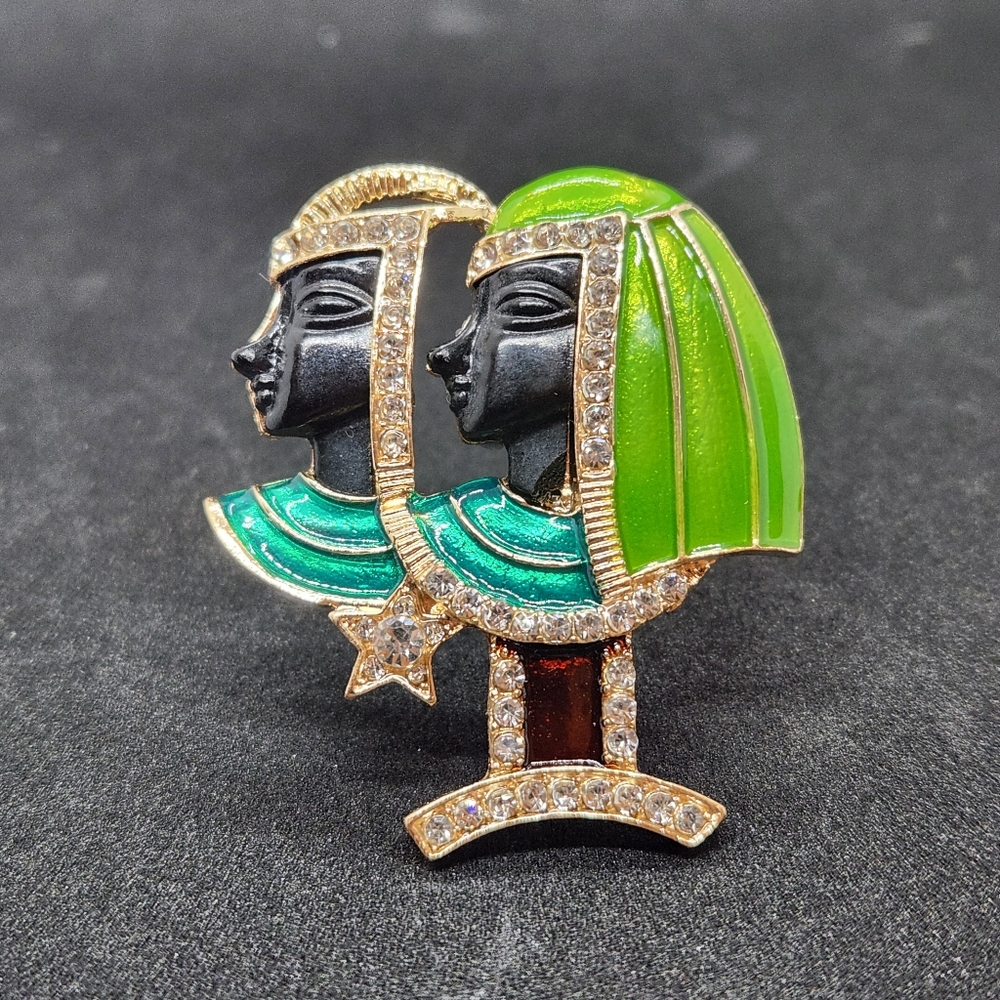 Egyptian Pharoah & Queen Brooch Rhinestones and Enamel Greens on Gold Tone Metal